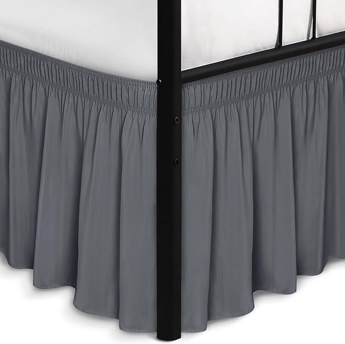 Biscaynebay Wrap Around Bed Skirts with Split Corners for Queen Beds 15" Drop, Dark Grey Adjustable Elastic Dust Ruffles Easy Fit Wrinkle Resistant Silky Luxurious Fabric Machine Washable