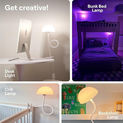 Shroommate Clip On Light and Bed Headboard Lamp, Bedside Table Lamp for Dorm, College Dorm Room Essentials, Night Light for Kids Nursery, Clip on for Desk, MultiColor LEDs, Adapter Included (White)