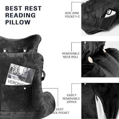 SLIGUY Reading Pillow-Bed Rest Pillow with Detachable Neck Roll & Higher Support Arm for Sitting in Bed Couch or Floor-Backrest Reading Pillow Adult Back Pillow for Reading/Watching TV/Gaming,Black