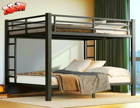 Higher Quality & Stronger Heavy Duty Metal Bunk Bed Frame Queen Over Queen Size for Adults Teens, Thickened More Stable Steel Bunkbed (Queen Over Queen-A)