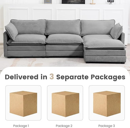 ROWHY 112'' Modular Sectional Cloud Couch with Movable Ottoman, 4 Seat Modern Corduroy Sofa with 2 Throw Pillows, Comfy Deep Seat L Shaped Couches for Living Room Bedroom Apartment, Dark Grey
