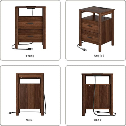 FavourLife Night Stand, 20" Wide Nightstand, Modern Nightstand with Charging Station, 2 Drawer Wooden End Table with Solid Round Post Legs & Open Shelf, Bedside Table w/Storage for Bedroom, Walnut