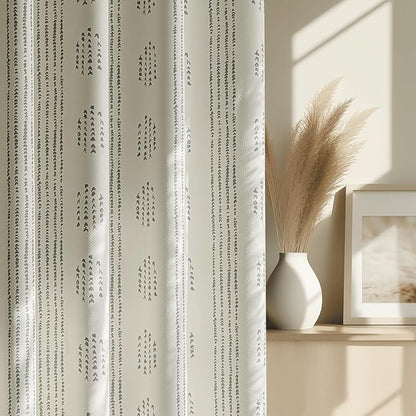 100% Boho Blackout Curtains 90 Inches Long for Bedroom, Grey on Beige Patterned Bohemian Curtains for Living Room, Geometric Striped Thermal Insulated Window Drapes Gromment Top 2 Panels