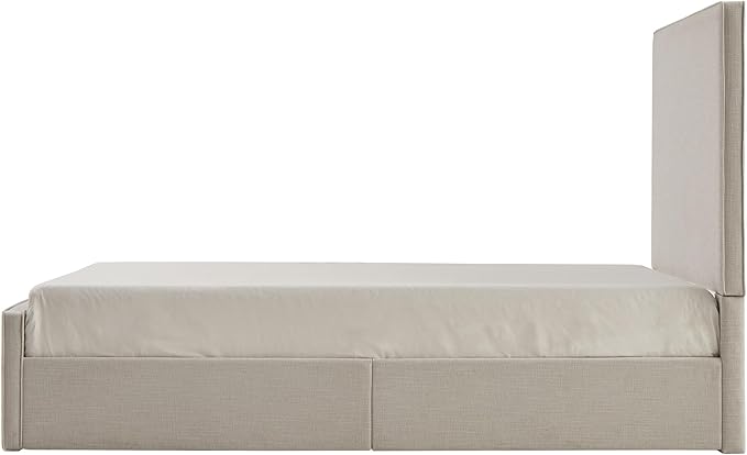King Size Upholstered Bed Frame, 52" High Headboard Wingback Bedframes, Lucas Tall Headboard Floor Platform Beds, No Box Spring Needed/No Noise/Minimalist, Textured Lvory Canvas Chenille
