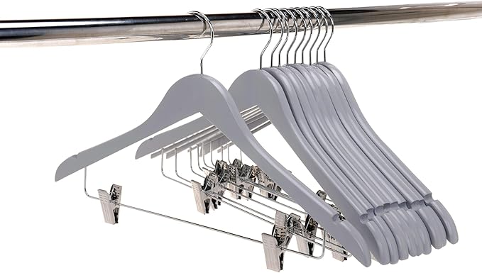 Quality Wooden Skirt Hangers with Clips 80-Pack Grey Pants Hangers with Adjustable Chrome Metal Clips, Swivel Hook, Coat, Jacket, Blouse Suit Hangers (Gray, 80)