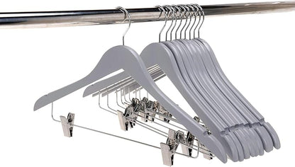 Quality Wooden Semi Curved Skirt Hangers with Clips, 10-Pack Smooth Solid Wood Pants Hangers with Durable Adjustable Metal Clips, Swivel Hook, Coat, Jacket, Blouse Suit Hangers (Gray, 10)