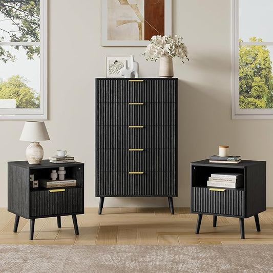 LYNSOM Fluted Dresser and Nightstand Sets 3 Piece, 5-Drawers Dresser and 1-Drawer Nightstands Set of 2, Wood Bedroom Furniture Set for Home, Bedroom, Hallway, Black
