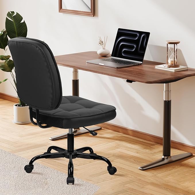 CLATINA Armless Home Office Chair with Lumbar Support and Wheels, Small PU Leather Ergonomic Low Back Desk Chairs No Arms, Adjustable Height 360° Swivel Rolling Computer Task Chair, Black, 2 Pack