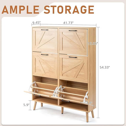 VINGLI 6 Flip Drawer Shoe Cabinet for Entryway, Rustic Shoe Storage Cabinet with 5 Solid Wood Legs, Farmhouse Barn Door Design Shoe Organizer for Hallway, Bedroom, or Living Room, Natural Wood Finish