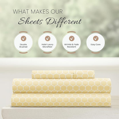 Linen Market Patterned Microfiber Twin Sheet Set 3 Piece – Oeko-TEX Certified Ultra Soft & Wrinkle-Free - 16" Deep Pocket Sheets - Easy Care Twin Size - Honeycomb Yellow