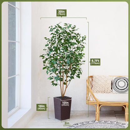 6ft Artificial Ficus Tree,Tall Faux Tree with Silk Leaves & Real Wood Trunk,UV Resistant Potted Fake Plant with Pebbles & Planter-Indoor Outdoor Floor Plant for Home Living Room,VN129