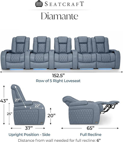 Seatcraft Diamante Zero-Gravity CoolZero Italian Leather Home Theater Seating, Power Headrest, Power Recline, Row of 5 Right Loveseat, Smokey Blue