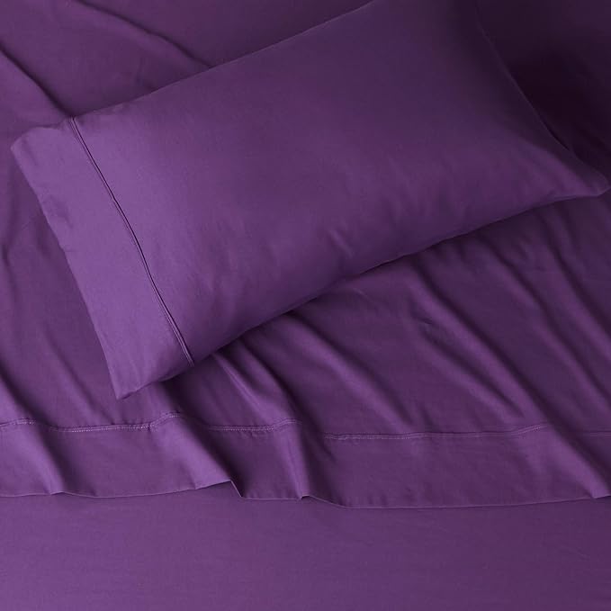 Amazon Basics Lightweight Super Soft Easy Care Wrinkle Free Microfiber 3 Piece Bed Sheet Set with 14-Inch Deep Pockets, Twin, Plum, Solid, Kids, Men & Women Bedding (Pack of 4)