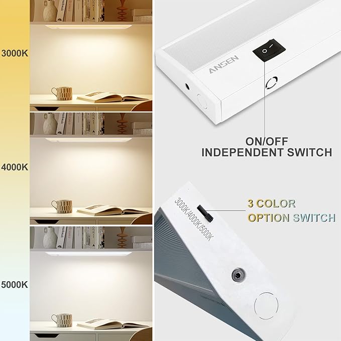 Ansen 2Packs of Under Cabinet Lighting Hardwired, 12in 10W 666LM Dimmable Led Light for Kitchen/Closet, CRI 92+, R9 90+, 3 Color Temperature, 3000K/4000K/5000K(Warm White, Cool White, Daylight)