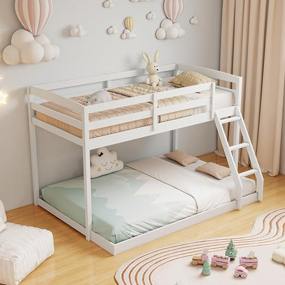 KOMFOTT Low Bunk Bed Twin Over Full, Solid Wood Twin Bed Frame with Built-in Ladder & Safety Guardrails, Space-Saving Low Bunk Bed for Kids, Teens, No Box Spring Needed