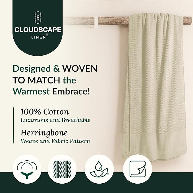Cloud Scape Linen 100% Cotton Throw Blanket 50x70 Fog, Luxury All-Season Warmth, Ultra Soft, Oversized Herringbone Gauze Blanket for Winter, Bed, Couch & Sofa Decor, Best Gift Idea