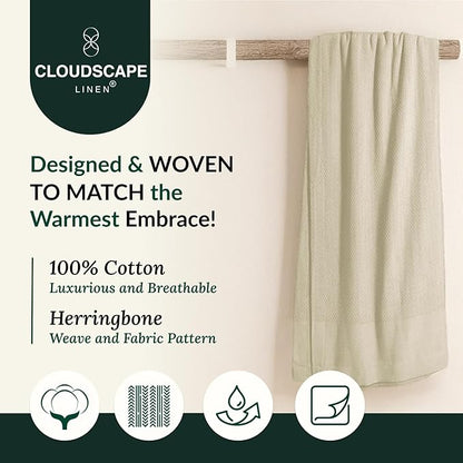 Cloud Scape Linen 100% Cotton Blanket King 92x108 Fog - Cozy Herringbone Weave, Fits Up to Cal King Beds, Breathable Softness, All-Season Warmth, Heavy Layering Winter Blanket