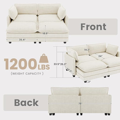 78'' Modular Sectional Cloud Couch with 2 Movable Ottoman, 4 Seat Comfy Modern Corduroy Sofa with 2 Throw Pillows, Deep Seat Sleeper Couch for Living Room Bedroom Apartment, Beige