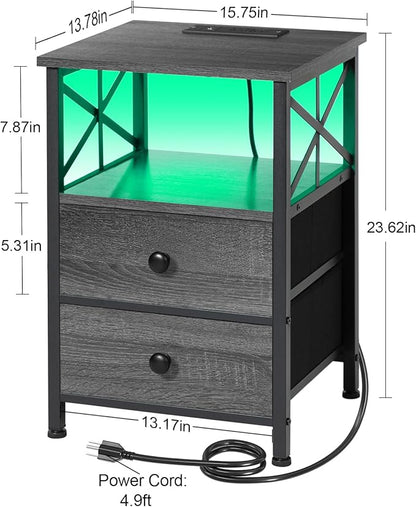 AMHANCIBLE Night Stand Set 2, LED Nightstand with Charging Station, End Tables Living Room with Fabric Drawers, Bed Side Table for Bedroom, Dark Grey HET052LDG