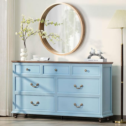 Farmhouse Furniture Set, Nightstands Set of 2 and 7 Drawers Dresser for Bedroom, 54 Inch Wide Wood Dresser and 24" Night Stands with Charging Station for Bedroom, Living Room, Hallway