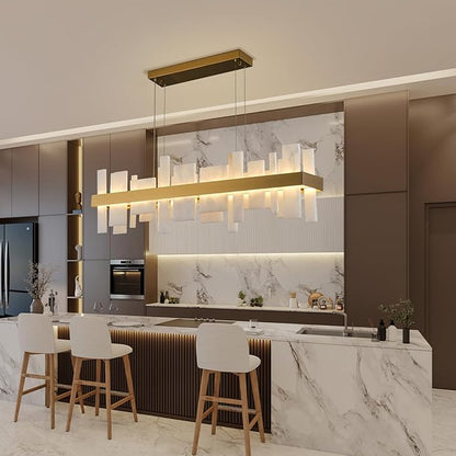 Alabaster Rectangle Chandelier, Natural Spanish Stone Texture Chandeliers, 46.8" Adjustable Alabaster Chandelier Over Table for Dining Room, Bedroom, Island– Modern Luxury Ceiling Lighting