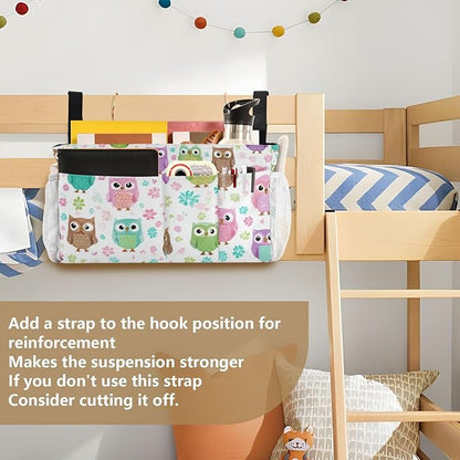 Bedside Caddy Hanging Bunk Bed Caddy Bed Organizer Hanging Pocket with 2 Hooks Bedside Storage Organizer Pocket Bag Holder Colorful Owls and Flowers