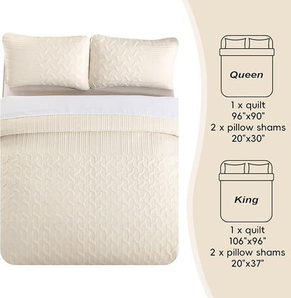 Yiran Beige Quilt Set King Size Lightweight Bedspread Ultrasonic Wave Pattern Soft Microfiber Coverlet for All Season Modern Style 3 Piece Bed Cover Sets with 2 Pillow Shams (106"x96")