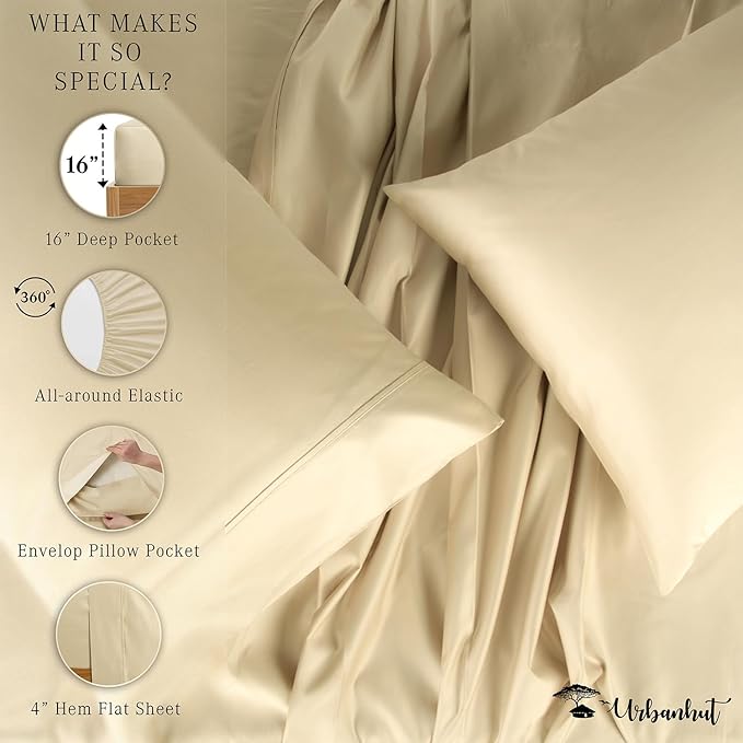 URBANHUT 800 Thread Count 100% Cotton Queen Size Sheets, Luxury 4 Piece Queen Bedsheets, Hotel Sheets Sateen Finish - Better Than Egyptian, 16" Elasticized Deep Pocket - Sand