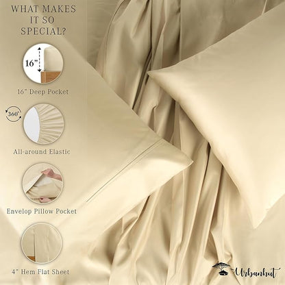 URBANHUT 800 Thread Count 100% Cotton Queen Size Sheets, Luxury 4 Piece Queen Bedsheets, Hotel Sheets Sateen Finish - Better Than Egyptian, 16" Elasticized Deep Pocket - Sand