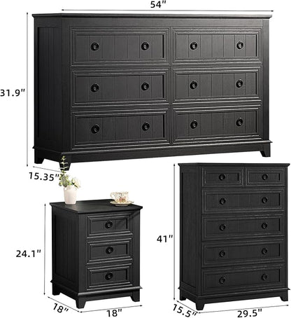 Bedroom Dresser and Nightstand Sets 4 Piece, Farmhouse 6 Drawers Dresser & 40.5" Tall Chest of Drawers, 18" Nightstands Set of 2, 54" Wide Furniture Dressers for Bedroom, Living Room, Black