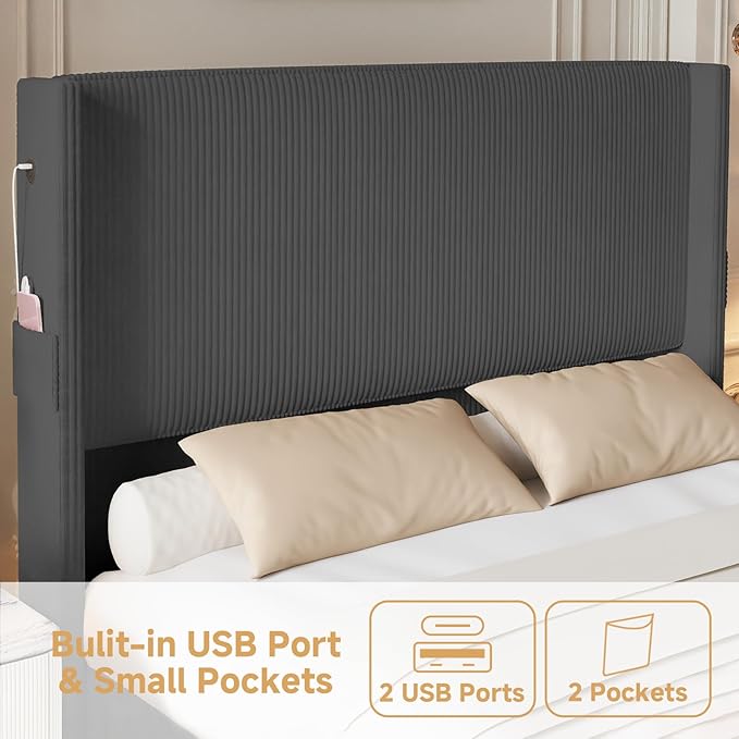 King Size Bed Frame with Headboard, Upholstered Platform Bed with Tall Wingback Headboard & Footboard, Corduroy Bed Frames with USB Ports, Easy Assembly, Grey