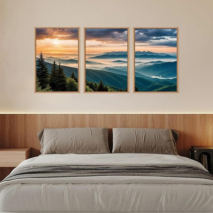 LHIUEM Large Nature Mountain Sunrise Framed Canvas Wall Art,Modern Misty Tree Wall Decor,Boho Forest Green Wall Painting,Landscape Picture Artwork for Living Room,Bedroom,Dining Room,Office -24"x36"x3