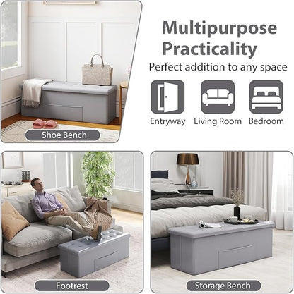 Giantex 43 Inches Folding Storage Ottoman Bench, Upholstered PU Leather Storage Chest with Side Pocket, Padded Seat, End of Bed Bench, Collapsible Ottoman Foot Rest for Living Room, Bedroom & Entryway