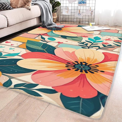 Machine Washable 3' x 5' Bohemian-Style Area Rug, Pink Floor mat, Suitable for bedrooms, Girls' Room Bedside, Living Room, Dining Room, Office, Non-Slip Low-Pile Printed Modern Floral Carpet