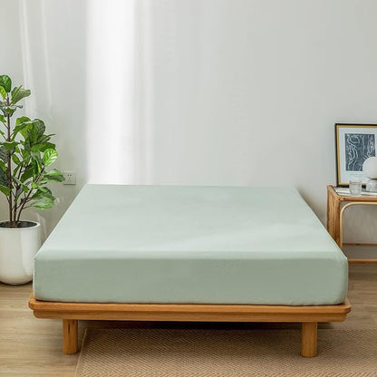 MooMee Fitted Bottom Sheet Only 100% Washed Cotton Linen Like Textured Breathable Durable Soft Comfy Deep Pocket Fits Mattress up to 17" (Sage Green, Queen)