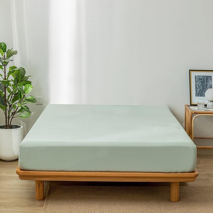 MooMee Fitted Bottom Sheet Only 100% Washed Cotton Linen Like Textured Breathable Durable Soft Comfy Deep Pocket Fits Mattress up to 17" (Sage Green, King)