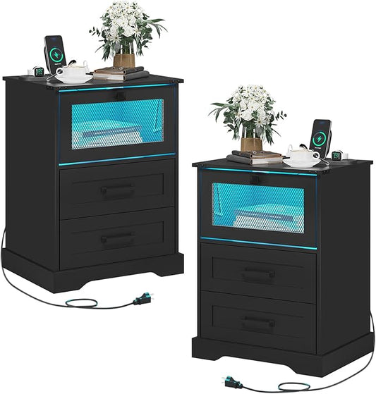 Hasuit Night Stand Set of 2 with Charging Station and LED Lights, Farmhouse Nightstand with 2 Drawers and Cubby with Wire Mesh Door, Black Bedside Table for Bedroom