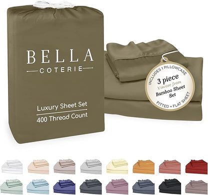 Bella Coterie Luxury Bamboo Viscose Twin Size Sheet Set | 100% Organically Grown | Ultra Soft | Cooling for Hot Sleepers | 18" Deep Pocket [Olive]