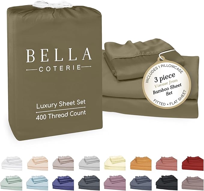 Bella Coterie Luxury Bamboo Viscose Twin XL Size Sheet Set | 100% Organically Grown | Ultra Soft | Cooling for Hot Sleepers | 18" Deep Pocket [Olive]