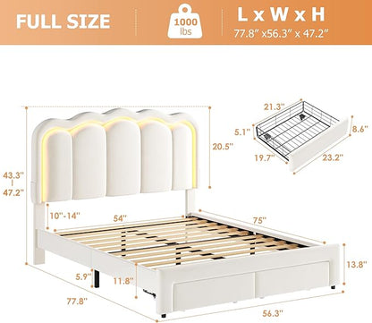 Velvet Upholstered Full LED Bed Frame with 2 Storage Drawers and Adjustable Chic Double Wavy Headboard, Princess Platform Bed with Charing Station, Solid Wood Slats Support,No Box Spring Needed,Beige