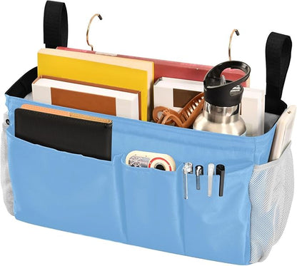KOPIRIT Lake Blue Bedside Caddy Storage Bag Bedside Organizer for Dorm Room Top Bunk Bed Bedside Shelf Hanging Organizer 6 Pockets with Hooks for Glasses Book Tablet Holder