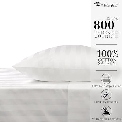 URBANHUT 800 Thread Count 100% Cotton Damask Twin Size Sheets, 4 Piece Striped Twin Size Bedsheets, Luxury Hotel Sheets Sateen Weave - Better Than Egyptian, 14" Elasticized Deep Pocket- White