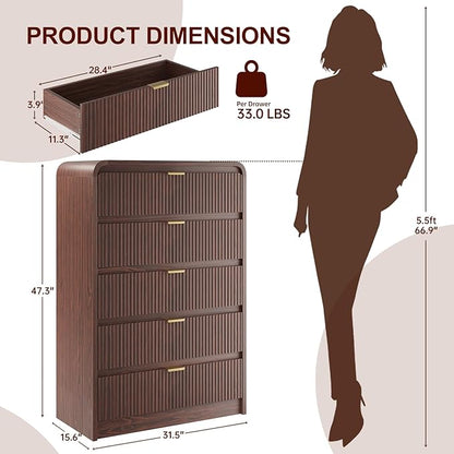 FURSUN Fluted 5 Drawers Dresser for Bedroom, 48" Tall Wooden Modern Dresser with Metal Handle, Curved Profile Design, Storage Organizer for Bedroom, Living Room, Hallway, Dark Walnut