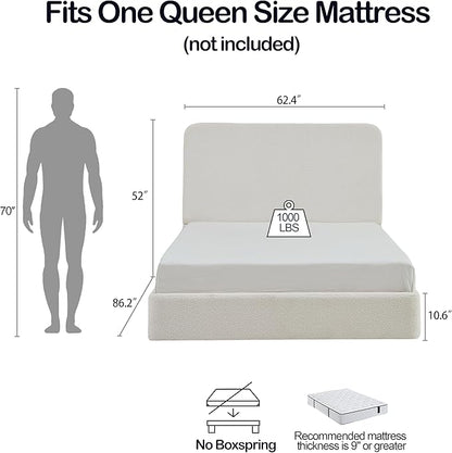 Queen Size Upholstered Bed Frame, 52" High Headboard Wingback Bedframes, Canter Tall Headboard Floor Platform Beds, No Box Spring Needed No Noise/Easy Assembly/Minimalist, Pearl White Chenille
