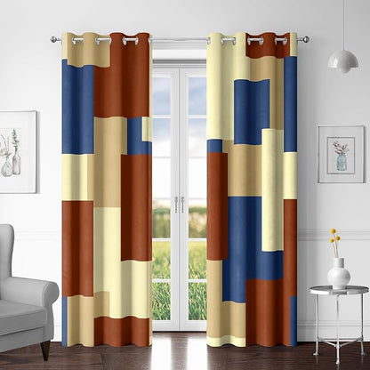 Terracotta Blue 100% Blackout Curtains for Bedroom 63 inch Long 2 Panels Set Modern Abstract Geometric Black Out Curtains Insulated Room Darkening Window Drapes for Living Room, 52Wx63L