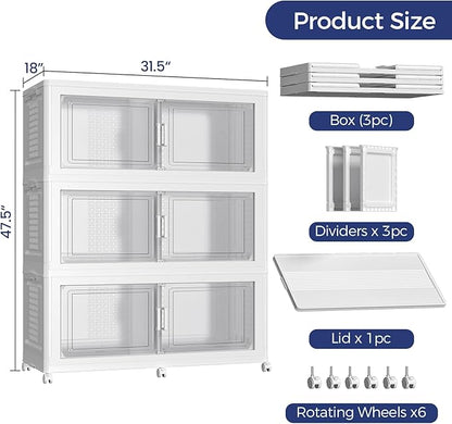 150GAL Extra Large Storage Bins with Lid, 600Qt Stackable Closet Organizers and Drawers, Collapsible Storage Bins with Wheels, Folding Containers for Home, Kitchen Office, 3Pack White