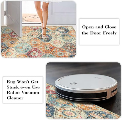 Lahome Moroccan Trellis Washable Round Rugs, Non-Slip Soft Round Rug 4ft Ultra-Thin, Small Vintage Circle Carpet for Entryway Kitchen Bedroom Nursery Bathroom, Cream/Multi