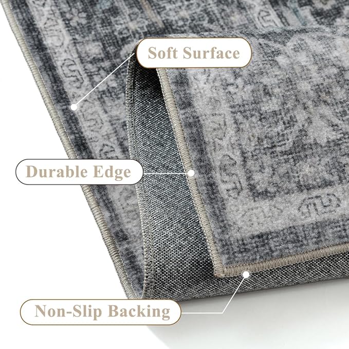 Blue 4x6 Area Rug Non Slip Vintage Office Entryway Rug Distressed Machine Washable Kitchen Carpet Retro Traditional Floral Accent Throw Door Mat for Bedroom Bathroom Dining Living Room
