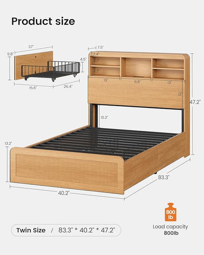 AOGLLATI Twin Bed Frames with 4 Storage Drawers and Hidden Storage Headboard, Wood Led Fluted Twin Bed with Charging Station and Curved Profile Design, No Box Spring Needed, Wood