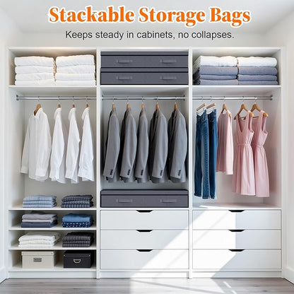 Under Bed Storage Containers with Lids - 3 Pack, Foldable and Stackable Clothes Storage Bags with Clear Window, 3-Sided Handles and Label Slot for Clothing, Blankets, Pillows (Grey)